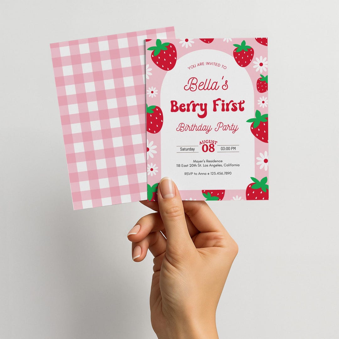 Editable Berry First Birthday Invitation, Strawberry 1st Birthday Girl ...