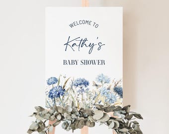 Editable Dusty Blue Baby Shower Welcome Sign Template, Blue Flower Baby Shower Welcome Guest Sign , Baby in Bloom Welcome Poster, BS03