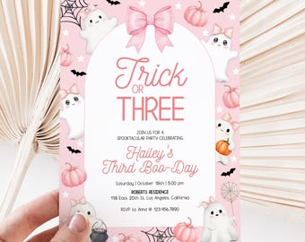 Editable Trick or Three Birthday Invitation, Pink Halloween 3rd Birthday, Spooky Three Invite, Cute Pink Ghost 3rd Birthday for Girl, BD29