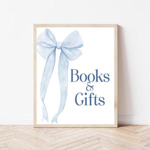 Books & Gifts Sign, Blue Bow Baby Shower Table Sign, Bow Baby Boy Shower Books and Gifts Sign, Blue Ribbon Baby Shower Decor, BS22