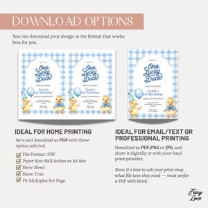 May include: Blue and white baby shower invitations with the text "One Lucky Duck" and illustrations of ducklings. The invitations are for Liam's 1st Birthday. The image also includes download options for home and professional printing.