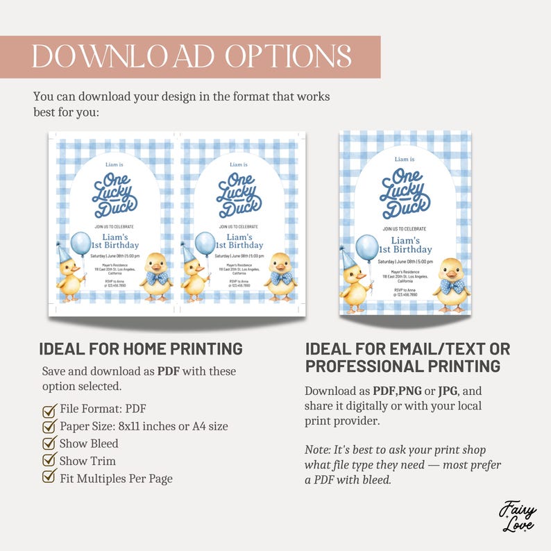 May include: Blue and white baby shower invitations with the text "One Lucky Duck" and illustrations of ducklings. The invitations are for Liam's 1st Birthday. The image also includes download options for home and professional printing.