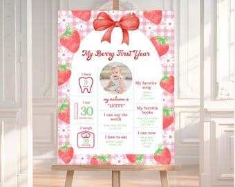 May include: A pink and green printable first year milestone chart with a strawberry theme. The chart includes a photo of a baby, a list of milestones, and a space for the baby's name and nickname. The text on the chart reads "My Berry First Year".