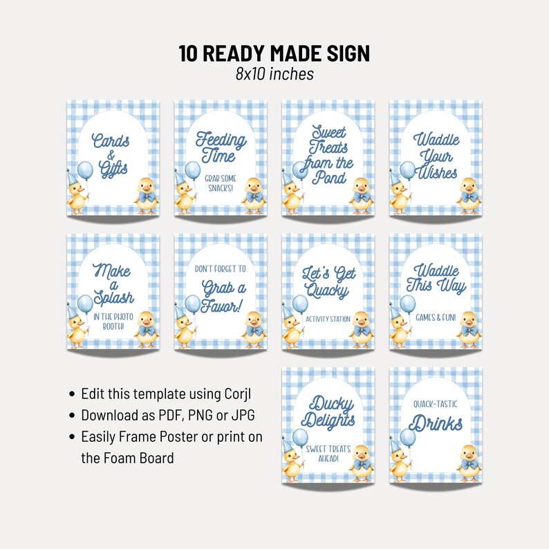 May include: A set of ten ready-made signs, each 8x10 inches, with a blue gingham background and duckling illustrations. The signs feature phrases like "Cards & Gifts," "Feeding Time," and "Ducky Delights." The text includes instructions for editing and printing.