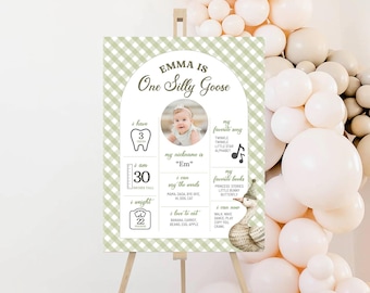 One Silly Goose Milestone Board, cartello modificabile per il primo anno di Silly Goose Milestone, striscione per il primo compleanno, cartello per la festa di compleanno, BD6