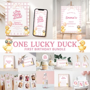 One Lucky Duck Birthday Bundle Invitation, Editable Duck First Birthday Bundle, Yellow Duck Birthday For Girl, Duck Birthday Decoration BD8