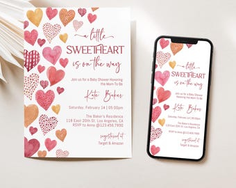 May include: A pink and white baby shower invitation featuring a watercolour heart design. The invitation reads "a little sweetheart is on the way" and includes the name "Kate Baker" and details for the event. The invitation is displayed next to a smartphone with a similar design.
