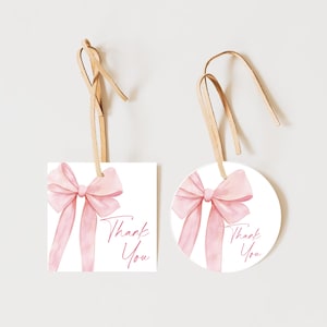 Pink Bow Favor Tag Baby Shower, Blush Pink Bow Thank You Tag, Pink Bow Gift Tag, Square Thank You Tag, Round Baby Shower Gift Tag, BS05