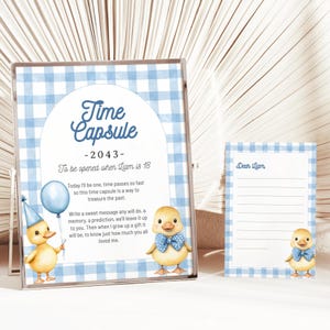 Könnte beinhalten: Ein Zeitkapsel-Set mit blauem Vichy-Muster. Das Set enthält ein gerahmtes Schild mit dem Text "Time Capsule - 2043 - To be opened when Liam is 18" und eine passende Karte. Das Schild zeigt Illustrationen von Entenküken mit Partyhüten und Fliegen.