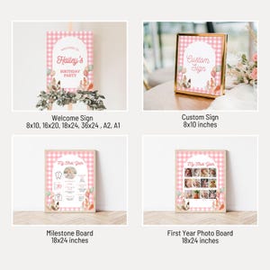 K&ouml;nnte beinhalten: Eine Sammlung von rosa und wei&szlig; karierten Schildern f&uuml;r eine Geburtstagsfeier. Die Schilder umfassen ein Willkommensschild, ein individuelles Schild, eine Meilensteintafel und eine Foto-Tafel f&uuml;r das erste Jahr. Das Willkommensschild ist in verschiedenen Gr&ouml;&szlig;en erh&auml;ltlich.