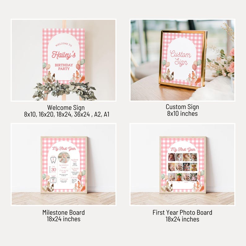 K&ouml;nnte beinhalten: Eine Sammlung von rosa und wei&szlig; karierten Schildern f&uuml;r eine Geburtstagsfeier. Die Schilder umfassen ein Willkommensschild, ein individuelles Schild, eine Meilensteintafel und eine Foto-Tafel f&uuml;r das erste Jahr. Das Willkommensschild ist in verschiedenen Gr&ouml;&szlig;en erh&auml;ltlich.