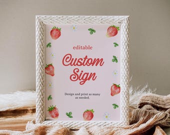 Editable Strawberry Custom Sign Template Berry Sweet Baby Party Table Decor BS15