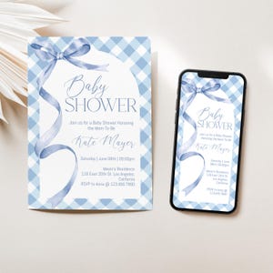 Editable Blue Bow Baby Shower Invitation, Bow Baby Shower Invite, Pastel Blue Baby Shower, Boy Baby Shower, Blue Ribbon Baby Sprinkle, BBS14