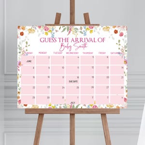 Calendario editable con diseño de bebé en flor rosa, con fecha de nacimiento del bebé, calendario con flores silvestres y flores silvestres (BBS21)