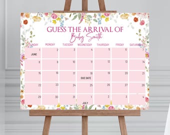 Editable Pink Baby in Bloom Calendar Sign, Guess the Arrival of Baby Sign, Wildflower Baby Due Date Calendar Sign Floral Calendar Sign BS21