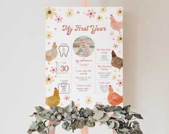 Chicken Milestone Board, My First Year Milestone Sign, 1st Birthday Milestone Board for Girl, First Milestone Chicken Birthday Decor, BD13