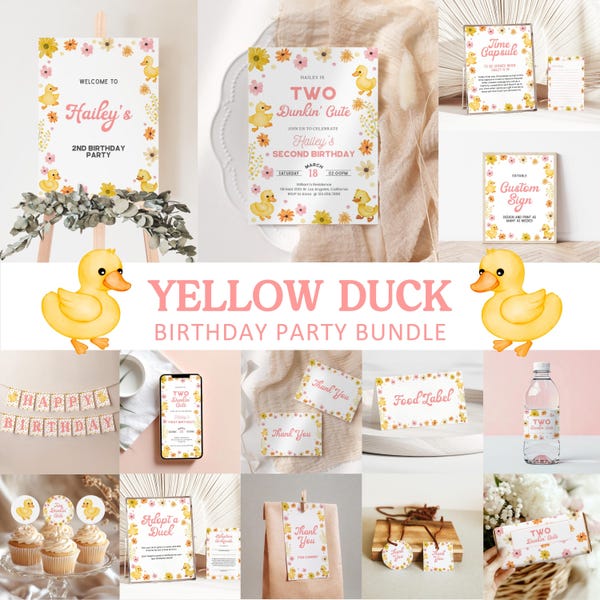 Editable Yellow Duck Birthday Bundle Floral Duck Theme Party Decor Rubber Duck Girl Birthday Barnyard Farmyard Printable Set BD14