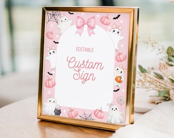 Pink Halloween Custom Sign Editable Spooky Birthday Theme Table Sign Bow Halloween Custom Party Sign, BD29