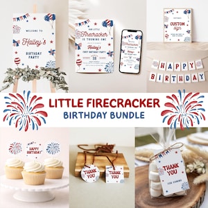 May include: A selection of red, white, and blue birthday party decorations. The set includes a welcome sign, invitations, phone screen design, custom sign, banner, cupcake toppers, gift tags, and a bundle title: "Little Firecracker Birthday Bundle."