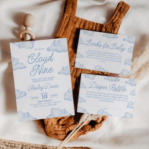 Cloud 9 Baby Shower Invitation Set Editable We Are On Cloud Nine Baby Shower Invite Blue Clouds Baby Boy Invite Cloud 9 Party Theme