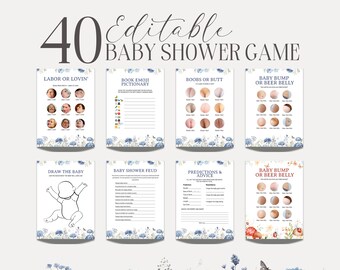 Editable Baby Shower Games, Baby in Bloom Baby Shower Games, Dusty Blue Floral Baby Shower Games, Blue Baby Shower Game Bundle, BS03