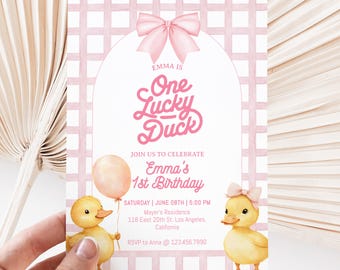 Editable One Lucky Duck Birthday Invitation, Cute Yellow Duck First Birthday Invite, Barnyard Birthday, One Lucky Duck Girl Invite, BD08