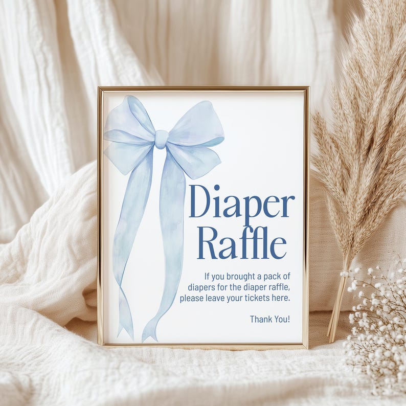 Diaper Raffle Blue Bow Baby Shower Game Sign, Blue Bow Baby Boy Shower ...