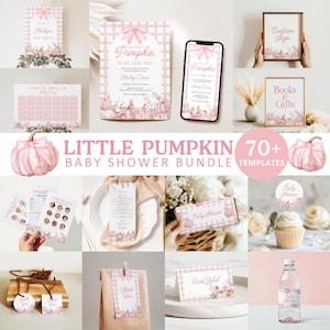 Bearbeitbares rosa Kürbis-Babyparty-Bundle, Herbst-Kürbis-Mädchen-Babyparty-Set, Blumen-Babyparty, kleine Kürbis-Baby-Themadekor, BS34