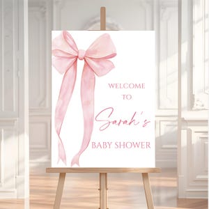 Editable Pink Bow Baby Shower Welcome Sign, Bow Baby Shower Girl Welcome Paster, Bow Theme Baby Shower Decor, Pink Ribbon Party Sign, BS05