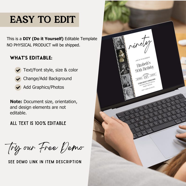 K&ouml;nnte beinhalten: Ein Laptop-Computer, auf dem eine schwarz-wei&szlig;e Geburtstagseinladungsvorlage mit dem Text "ninety" und "Elizabeth's 90th Birthday" angezeigt wird. Die Einladung hat einen Filmstreifenrand mit Schwarzwei&szlig;fotos einer Frau. Der Text "EASY TO EDIT" ist auf der linken Seite des Bildes sichtbar.