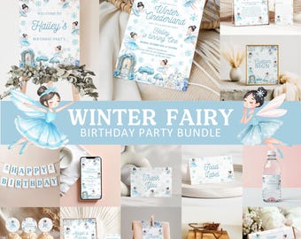 May include: A collection of party supplies with a winter fairy theme. Includes invitations, signs, cupcake toppers, and water bottle labels. The color scheme is light blue and white, with illustrations of fairies and snowflakes. Text includes "Winter Fairy Birthday Party Bundle".