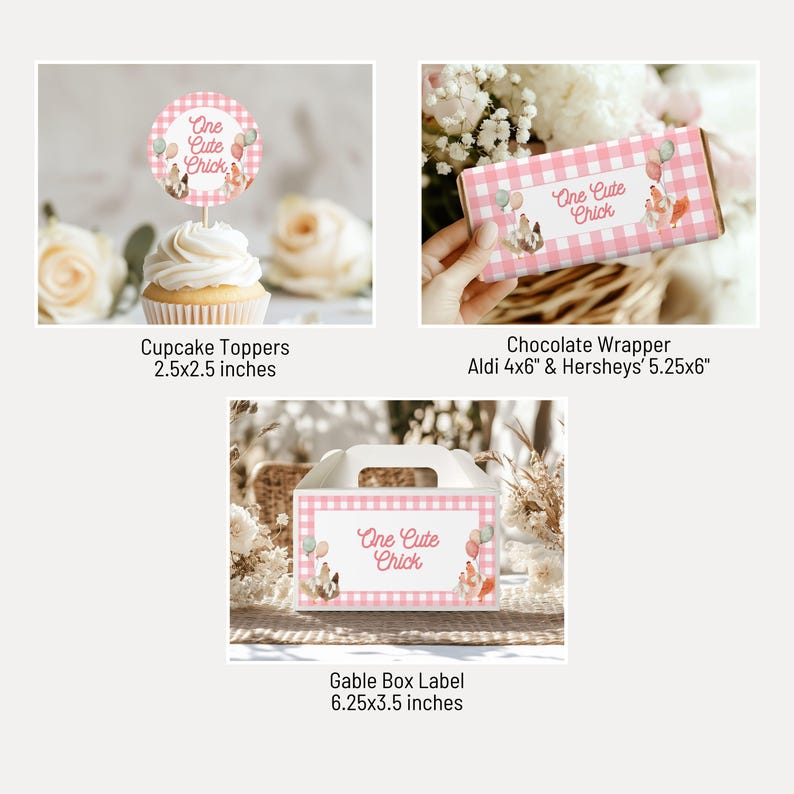K&ouml;nnte beinhalten: Party-Zubeh&ouml;r mit rosa Vichy-Muster und dem Text "One Cute Chick". Enth&auml;lt Cupcake-Topper (6,35x6,35 cm), Schokoladenverpackungen (10,16x15,24 cm und 13,34x15,24 cm) und ein Gable-Box-Etikett (15,88x8,89 cm).