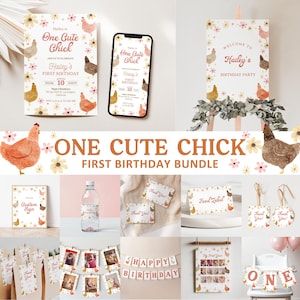 Chicken Birthday Bundle Invitation, Editable 1st Birthday Chicken, Barnyard Party Decor, One Cute Chic Birthday, Chicken Birthday Theme,BD13