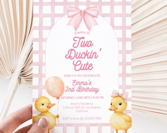 Editable Yellow Duck Birthday Invitation, Two Duckin Cute Yellow Duck 2nd Birthday Invite, Lucky Duck 2nd Birthday Invitation for Girl, BD08