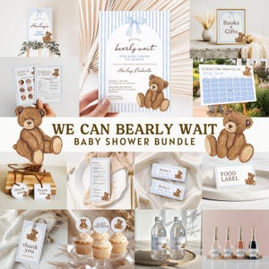May include: A baby shower bundle with a teddy bear theme, including invitations, signs, food labels, cupcake toppers, water bottle labels, and thank you tags. The colour scheme is soft blue and brown.