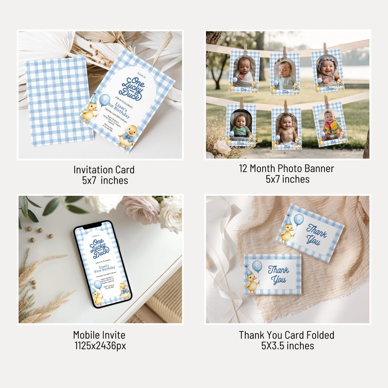 May include: A collection of baby shower stationery with a blue and white gingham pattern. Includes an invitation card, a 12-month photo banner, a mobile invite, and thank you cards. Each item features a cartoon duck.