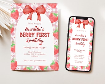 Editable Berry First Birthday Invitation Strawberry Birthday Invite Pink Gingham Strawberry Birthday Party Fruits Birthday Theme BD7