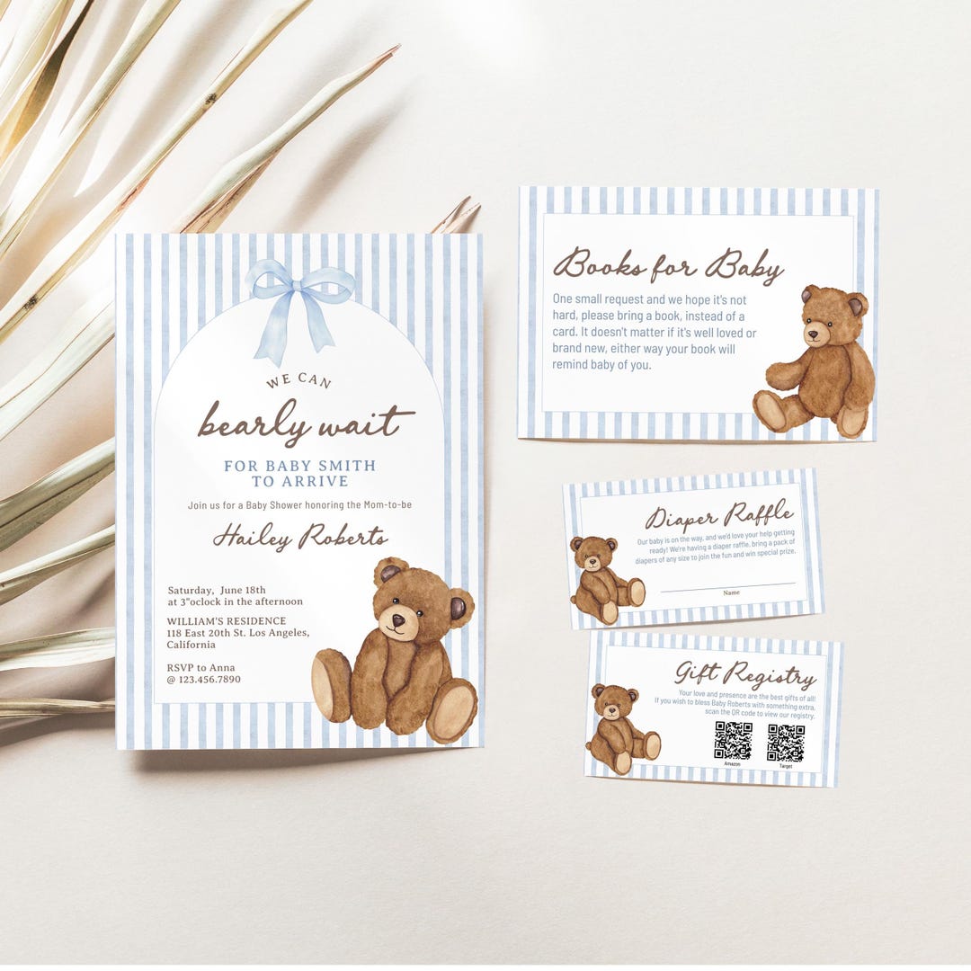 We Can Bearly Wait Baby Shower Editable Invitation Bundle Blue Stripe ...