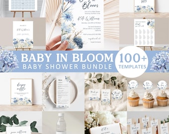 Baby in Bloom Bundle, Dusty Blue Floral Baby Shower, Blue Baby in Bloom Baby Shower Invitation, Blue Baby Shower Set, Boy Baby Shower, BS03
