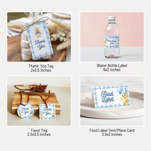 May include: A collection of baby shower or party supplies featuring a duck theme. Includes a "Thank You" tag, water bottle label, favor tags, and food label. The designs incorporate a blue gingham pattern and a cartoon duck illustration.