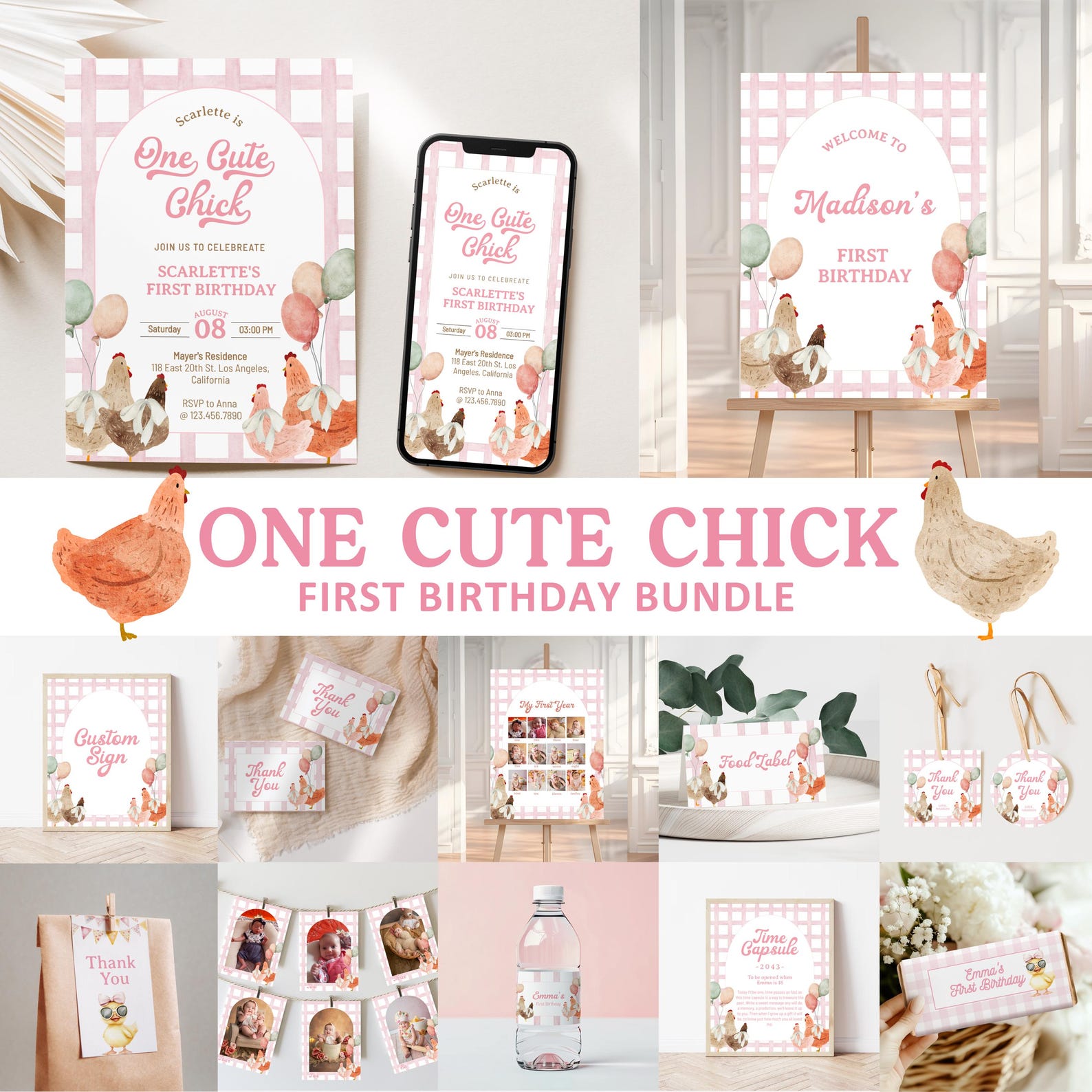 Chicken Birthday Bundle Invitation, Editable One Chick Birthday Chicken ...