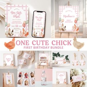 Puede incluir: Un conjunto de suministros para fiestas de cumpleaños en rosa y blanco. Los diseños incluyen invitaciones, letreros y etiquetas con el texto "One Cute Chick" y "First Birthday". Ilustraciones de acuarela de pollos y globos.