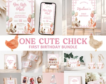 Chicken Birthday Bundle Invitation, Editable One Chick Birthday Chicken, Barnyard Party, 1st Chicken Birthday, Chicken Theme Decor BD10
