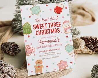 Editable Oh Snap Christmas Three Birthday Invitation Gingerbread Holiday Cookie Party Theme Sweet Three Birthday Invite CBD11