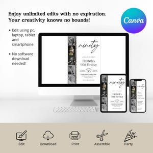 K&ouml;nnte beinhalten: Eine digitale Einladung in Schwarzwei&szlig; mit einem Filmstreifen-Design. Die Einladung lautet "ninety" und "Elizabeth's 90th Birthday". Die Einladung wird auf einem Computerbildschirm, einem Tablet und einem Smartphone angezeigt.