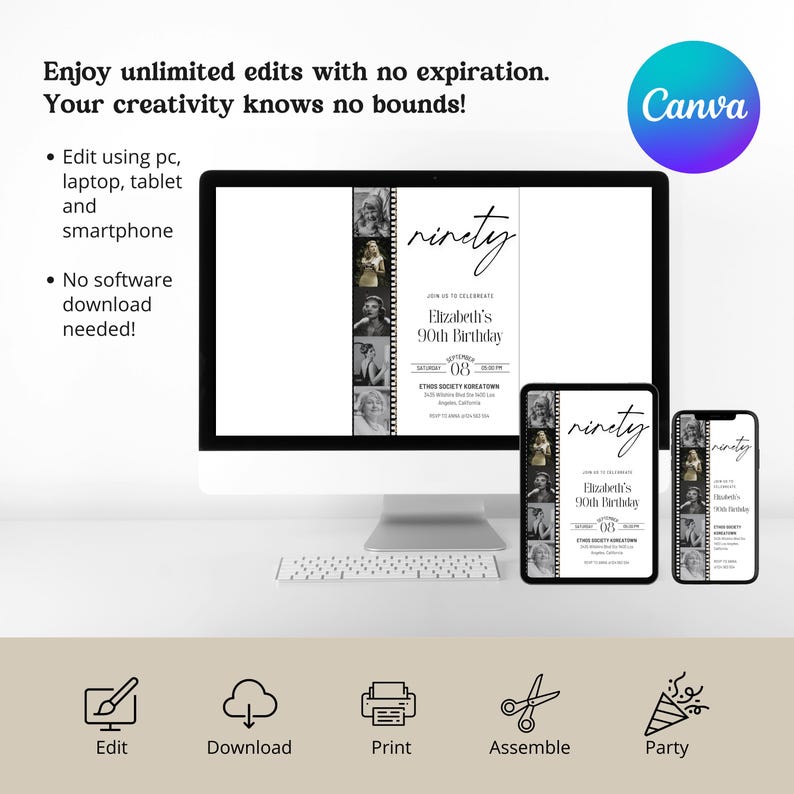 K&ouml;nnte beinhalten: Eine digitale Einladung in Schwarzwei&szlig; mit einem Filmstreifen-Design. Die Einladung lautet "ninety" und "Elizabeth's 90th Birthday". Die Einladung wird auf einem Computerbildschirm, einem Tablet und einem Smartphone angezeigt.