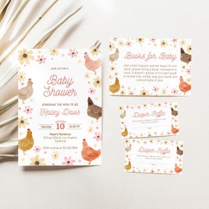 May include: A set of baby shower invitations and inserts with a floral and chicken theme. The invitation includes the text "Baby Shower" and details for the event. Inserts include requests for books and diaper raffle information.