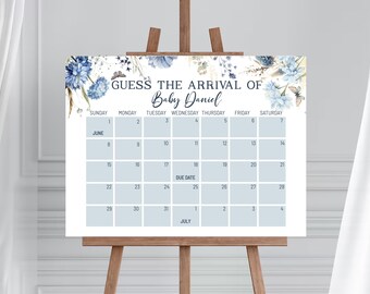 Editable Dusty Blue Baby Shower Guess the Arrival of Baby Calendar Template, Baby in Bloom Prediction Calendar, Baby Due Date Calendar, BS03