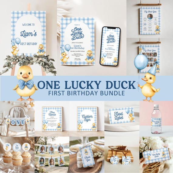 Editable One Lucky Duck Birthday Bundle, Yellow Duck First Birthday Set, Blue Duck Party Theme, One Cute Duck Birthday Invite Boy, BD22