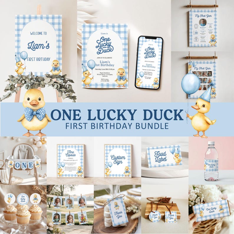 Editable One Lucky Duck Birthday Bundle for Boy Birthday Party.